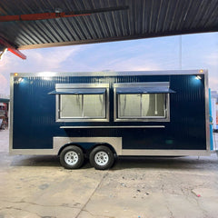 16ft Dark Blue Corrugated Food Trailer with Dual Axle, Double Glass Windows & Diamond Plate Trim