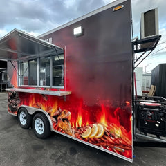 13.1ft Custom Wrapped BBQ Food Trailer with Flame & Steak Graphics, Dual Axle & Front Platform
