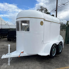 White Vintage Horse Trailer Bar with Wood Counter for Weddings, Coffee and Event Catering