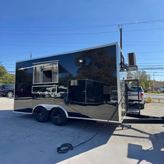 13ft Gloss Black Enclosed Food Trailer with Dual Axle, Front AC Platform & Sliding Glass Windows