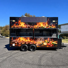 Black Flame Wrap Food Trailer with Commercial Kitchen for BBQ, Burgers and Street Food