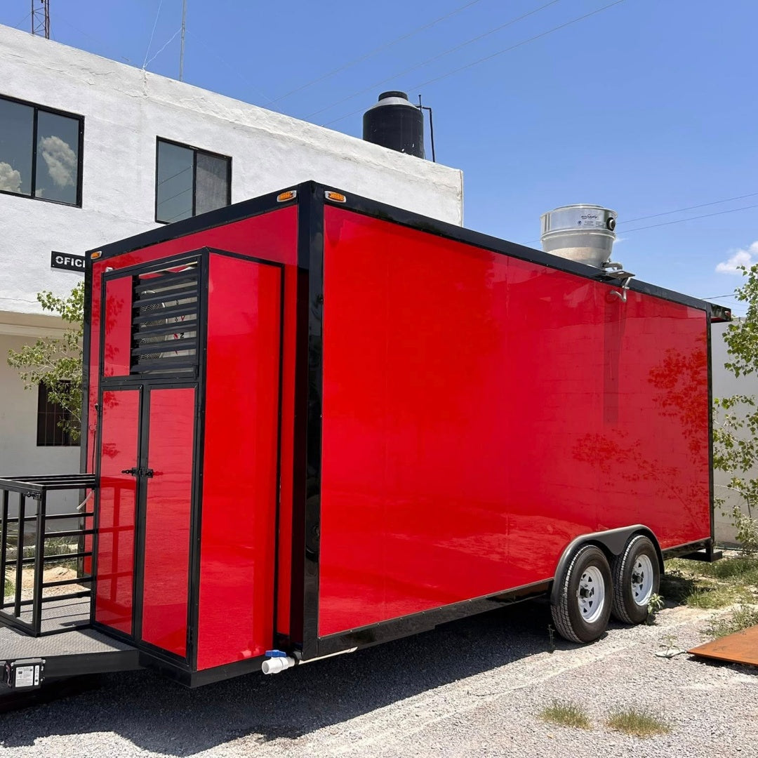16ft Gloss Red & Black Enclosed Food Trailer with Dual Axle, Green LED Edge Lights & Rear Porch