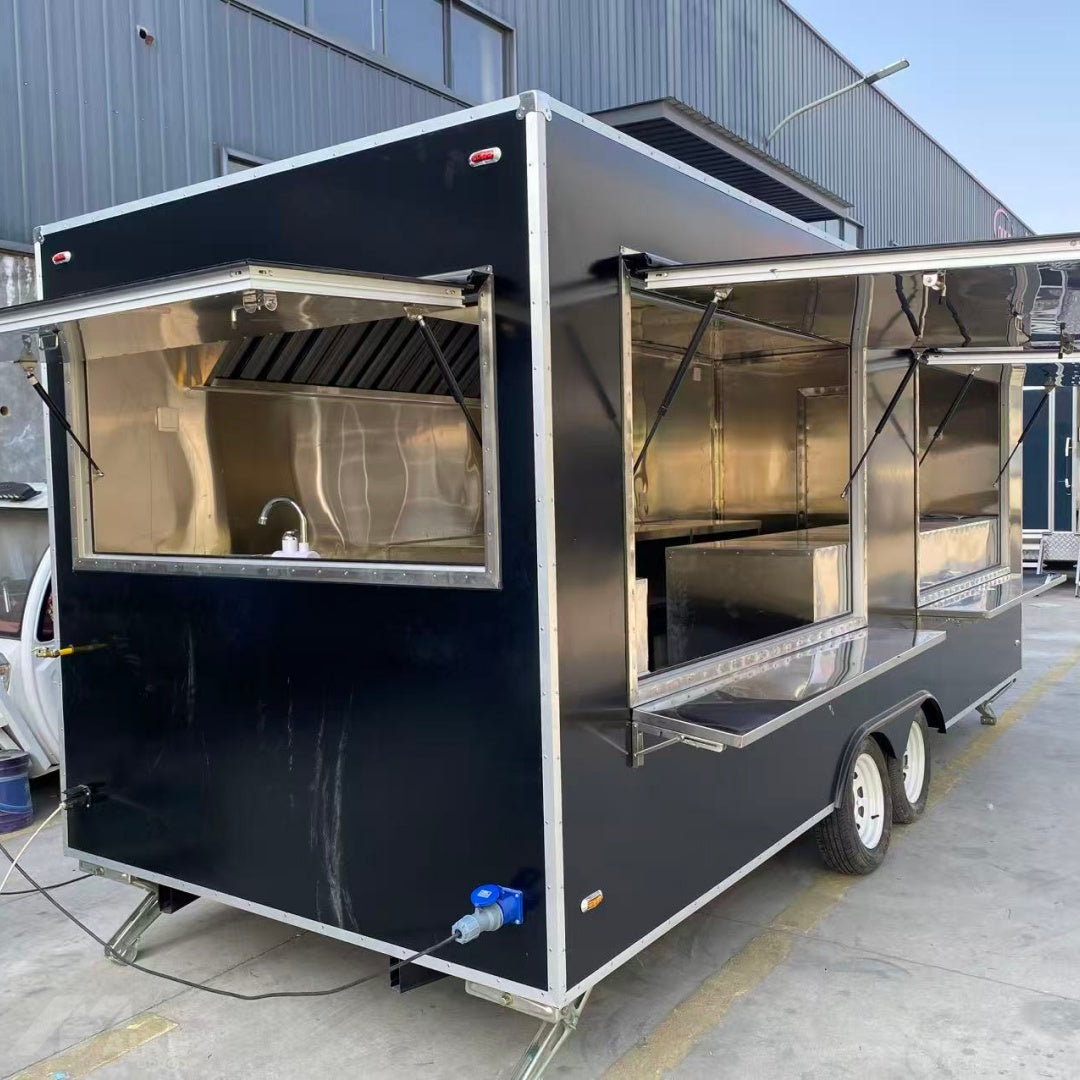 Black Enclosed Food Trailer with Multiple Serving Windows - Dual Axle