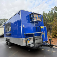 16ft Royal Blue Enclosed Food Trailer with Dual Axle, Wide Diamond Plate Skirt & Front Equipment Platforms