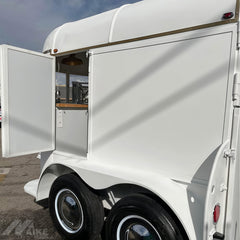 White Vintage Horse Trailer Bar with Wood Counter for Weddings, Coffee and Event Catering