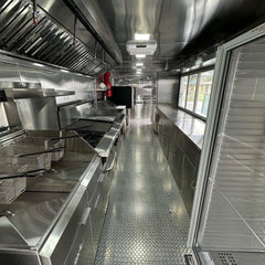 19.6ft Woodgrain Triple Axle Food Trailer for BBQ & Event Catering with Covered Rear Porch & Diamond Plate Deck