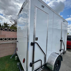Single Axle Enclosed Utility Trailer - White Towable Kiosk with Diamond Plate