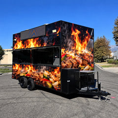 Black Flame Wrap Food Trailer with Commercial Kitchen for BBQ, Burgers and Street Food