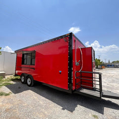 16ft Gloss Red & Black Enclosed Food Trailer with Dual Axle, Green LED Edge Lights & Rear Porch