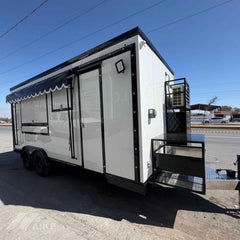 White and Black Food Trailer with Rear Porch Mobile Kitchen for BBQ, Burgers and Street Food