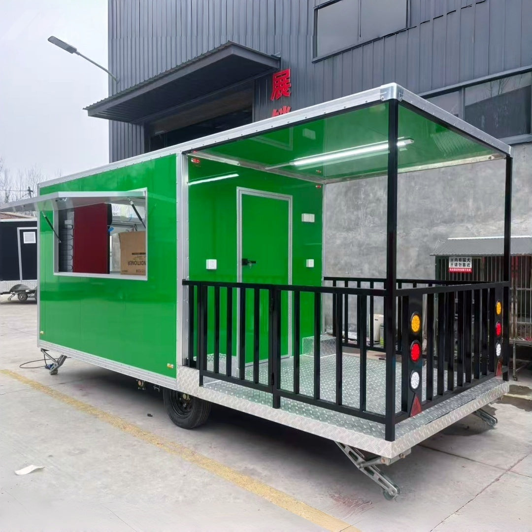 Bright Green Food Trailer with Covered Rear Porch - BBQ Deck