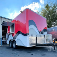 13.1ft Custom Red & Black Wavy Wrap Enclosed Food Trailer with Dual Axle & Front Generator Box