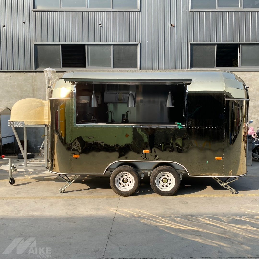Mirror Polished Retro Food Trailer with Front Pizza Oven - Dual Axle