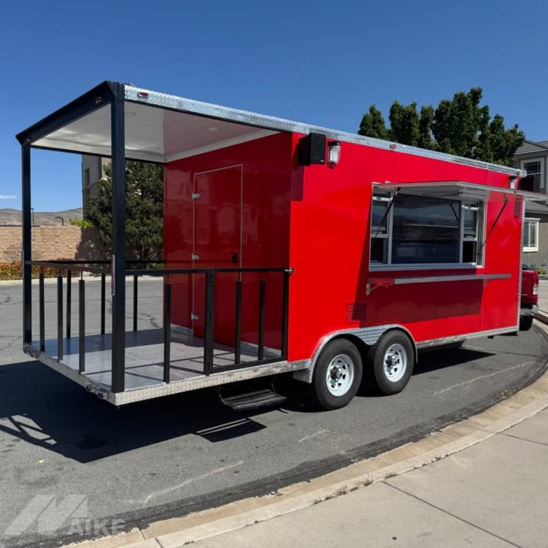 Red Food Trailer with Rear Porch and Serving Window for BBQ, Coffee and Outdoor Events