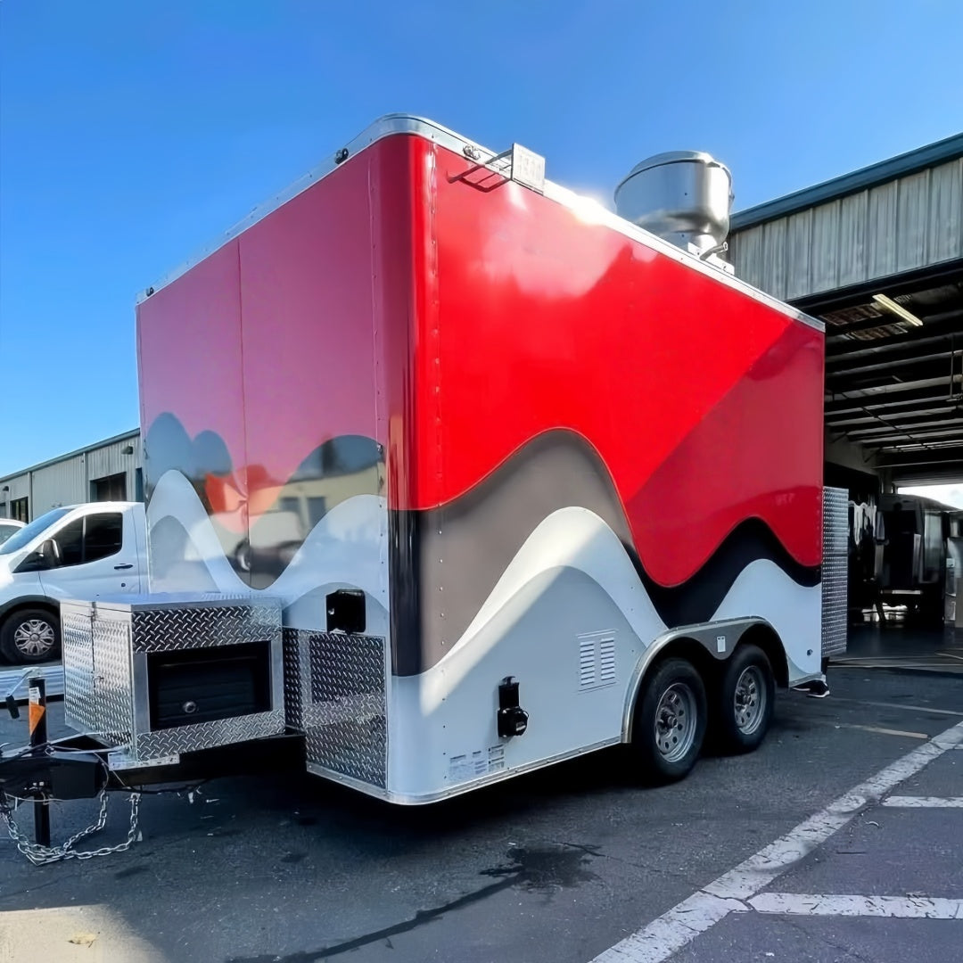 13.1ft Custom Red & Black Wavy Wrap Enclosed Food Trailer with Dual Axle & Front Generator Box