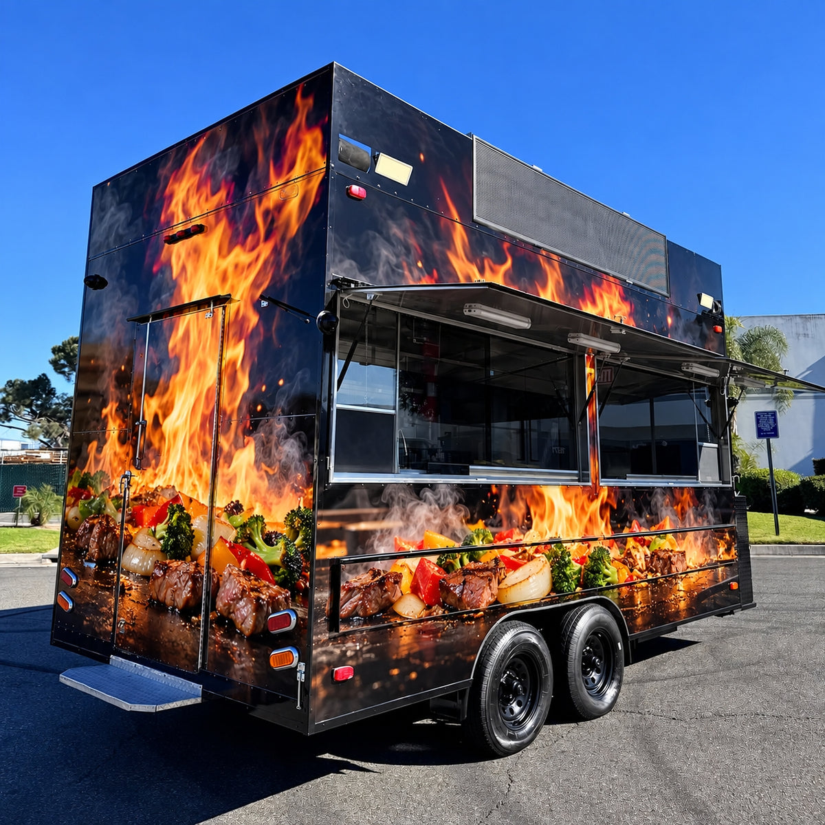 Black Flame Wrap Food Trailer with Commercial Kitchen for BBQ, Burgers and Street Food