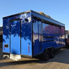 16ft Royal Blue Enclosed Food Trailer with Dual Axle, Black Trim & Front AC/Equipment Platform
