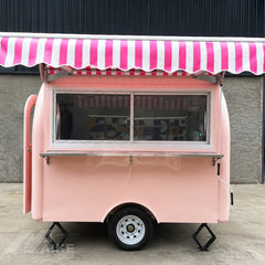 Pink Teardrop Food Trailer with Striped Awning for Coffee, Desserts and Beverage Business