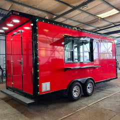 16ft Gloss Red & Black Enclosed Food Trailer with Dual Axle, Green LED Edge Lights & Rear Porch