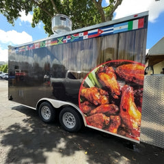 13.1ft Custom Wrapped Enclosed Food Trailer for Chicken Wings & BBQ with Dual Axle & Exterior Lighting