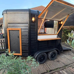 Black Rustic Horse Trailer Food Cart with Wood Interior for Coffee and Outdoor Events