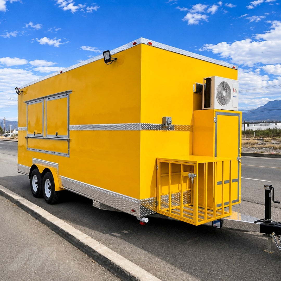Yellow Double Axle Food Trailer with Commercial Kitchen for BBQ, Burgers and Street Food