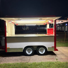 13ft Classic Red & White Dual Axle Food Trailer with Large Serving Window & Diamond Plate Trim