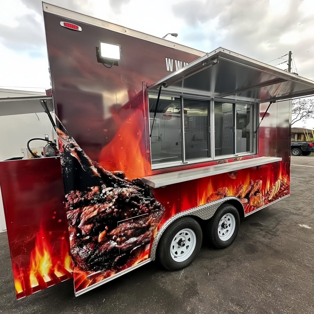 13.1ft Custom Wrapped BBQ Food Trailer with Flame & Steak Graphics, Dual Axle & Front Platform