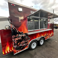 13.1ft Custom Wrapped BBQ Food Trailer with Flame & Steak Graphics, Dual Axle & Front Platform