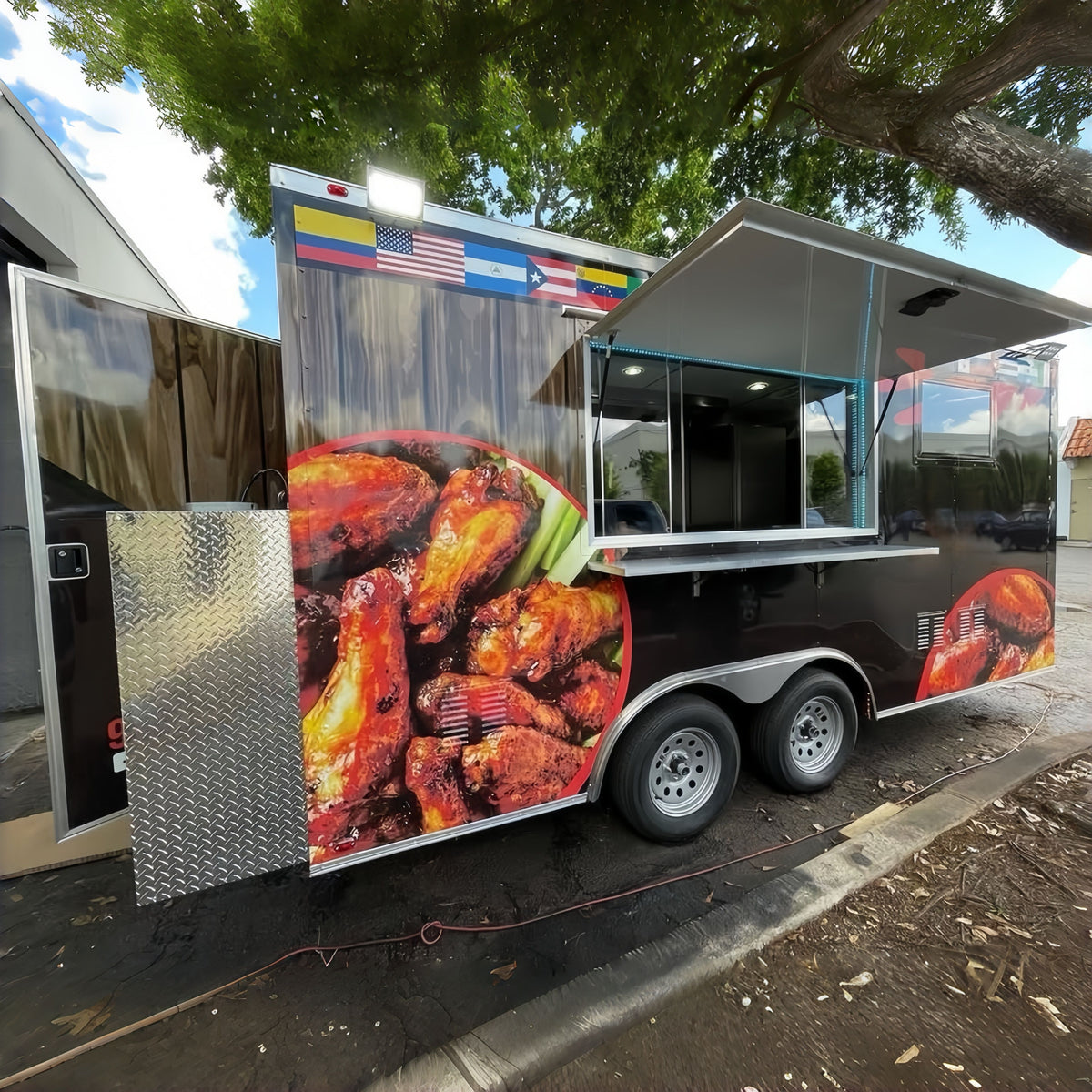 13.1ft Custom Wrapped Enclosed Food Trailer for Chicken Wings & BBQ with Dual Axle & Exterior Lighting