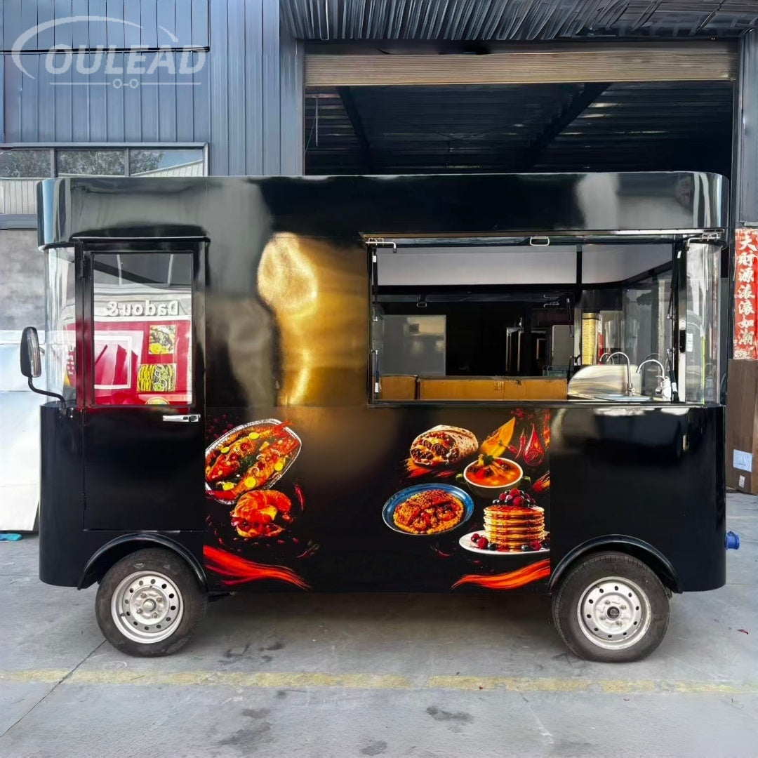 Black Mini Food Truck with Open Serving Window for Coffee, Snacks and Fast Food Business