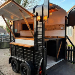 Black Rustic Horse Trailer Food Cart with Wood Interior for Coffee and Outdoor Events