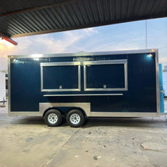 16ft Dark Blue Corrugated Food Trailer with Dual Axle, Double Glass Windows & Diamond Plate Trim