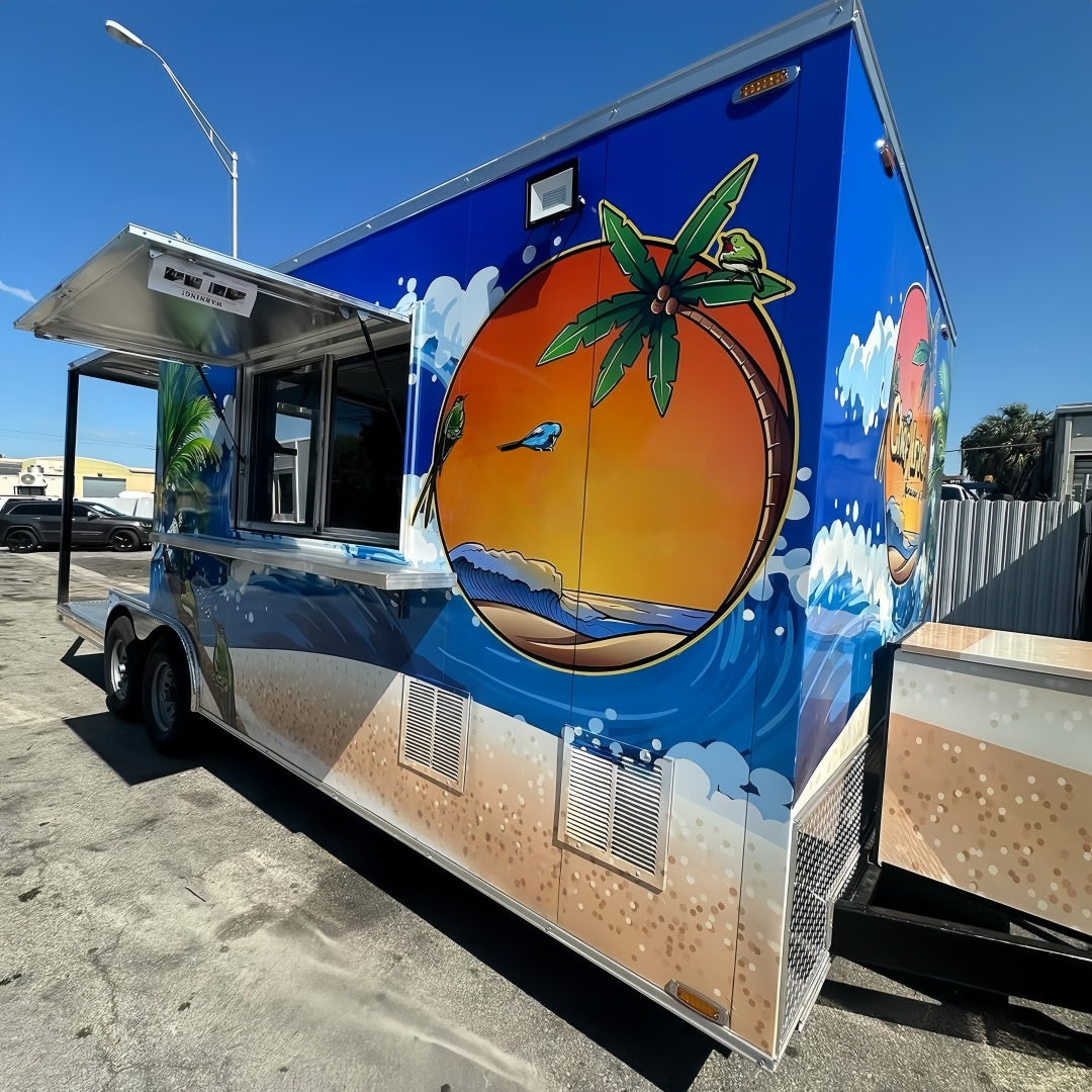 13.1ft Tropical Beach Custom Wrapped Food Trailer for Seafood & Smoothies with Rear Porch & Dual Axle