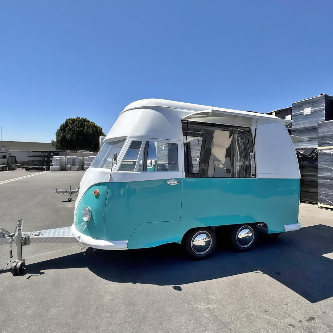 Turquoise & White Retro VW-Style Dual-Axle Food Trailer