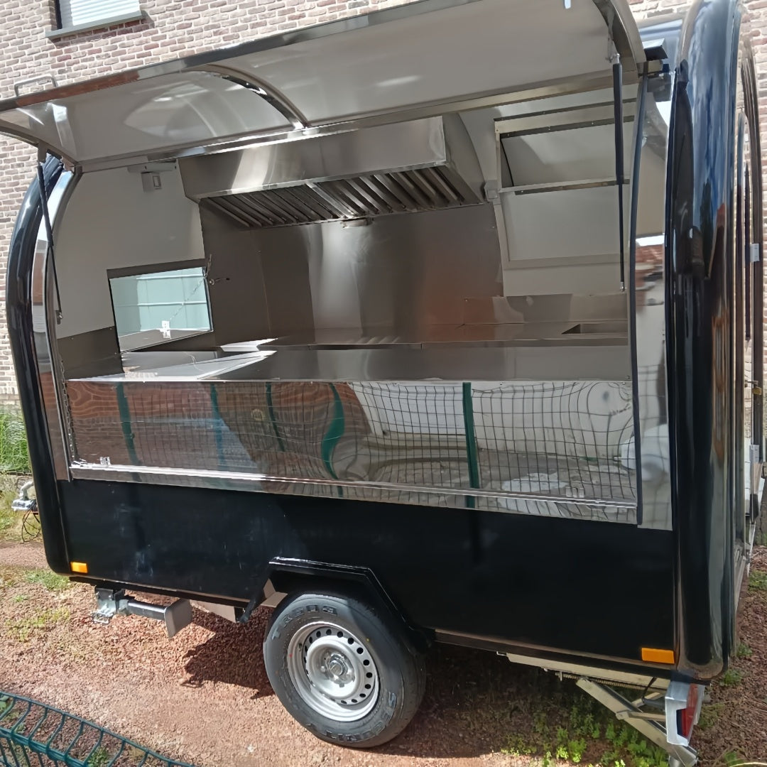 Black Retro Mobile Kitchen [2.2m] - Compact Food Trailer with Exhaust Hood & Stainless Interior