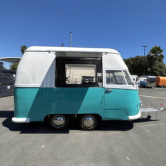 Turquoise & White Retro VW-Style Dual-Axle Food Trailer