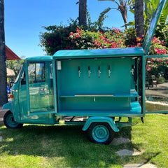 10ft Teal Vintage Tricycle Mobile Bar Cart with 4 Beer Taps & Glass Doors