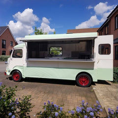 Two-Tone Vintage Food Truck [5m] - Mint Green & Cream H-Van Style (Red Wheels)