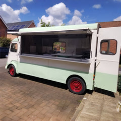 Two-Tone Vintage Food Truck [5m] - Mint Green & Cream H-Van Style (Red Wheels)