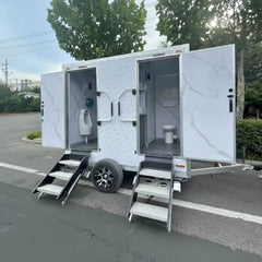 Modern Marble 2-Station Portable Restroom Trailer - Elegant Mobile Bathroom