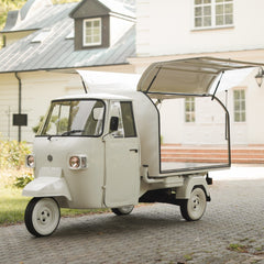 10ft Classic White Vintage Tricycle Food Cart with Curved Enclosed Box & Whitewall Tires