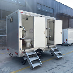 9.8ft Silver Single Axle Restroom Trailer for Outdoor Events & Weddings with 2 Stations & Aluminum Diamond Plate Trim