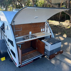 White Sport Teardrop Camper [4.1m] - Mini Trailer with Black Graphics & Front Box
