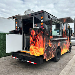 Black Food Truck with Fiery Flame Graphics & Gourmet Food Branding