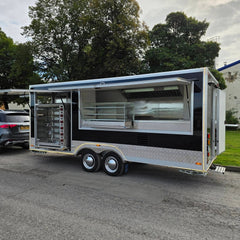 Black Double Axle Food Trailer with Rotisserie Oven, Glass Display Counter and Commercial Kitchen