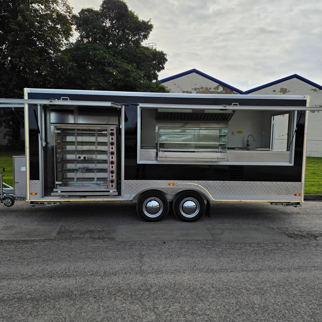 Black Double Axle Food Trailer with Rotisserie Oven, Glass Display Counter and Commercial Kitchen