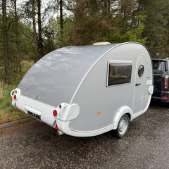 Light Grey Teardrop Camper [4.1m] - Retro Style Micro Trailer with Porthole Door