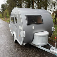 Light Grey Teardrop Camper [4.1m] - Retro Style Micro Trailer with Porthole Door