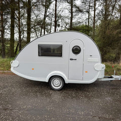 Light Grey Teardrop Camper [4.1m] - Retro Style Micro Trailer with Porthole Door